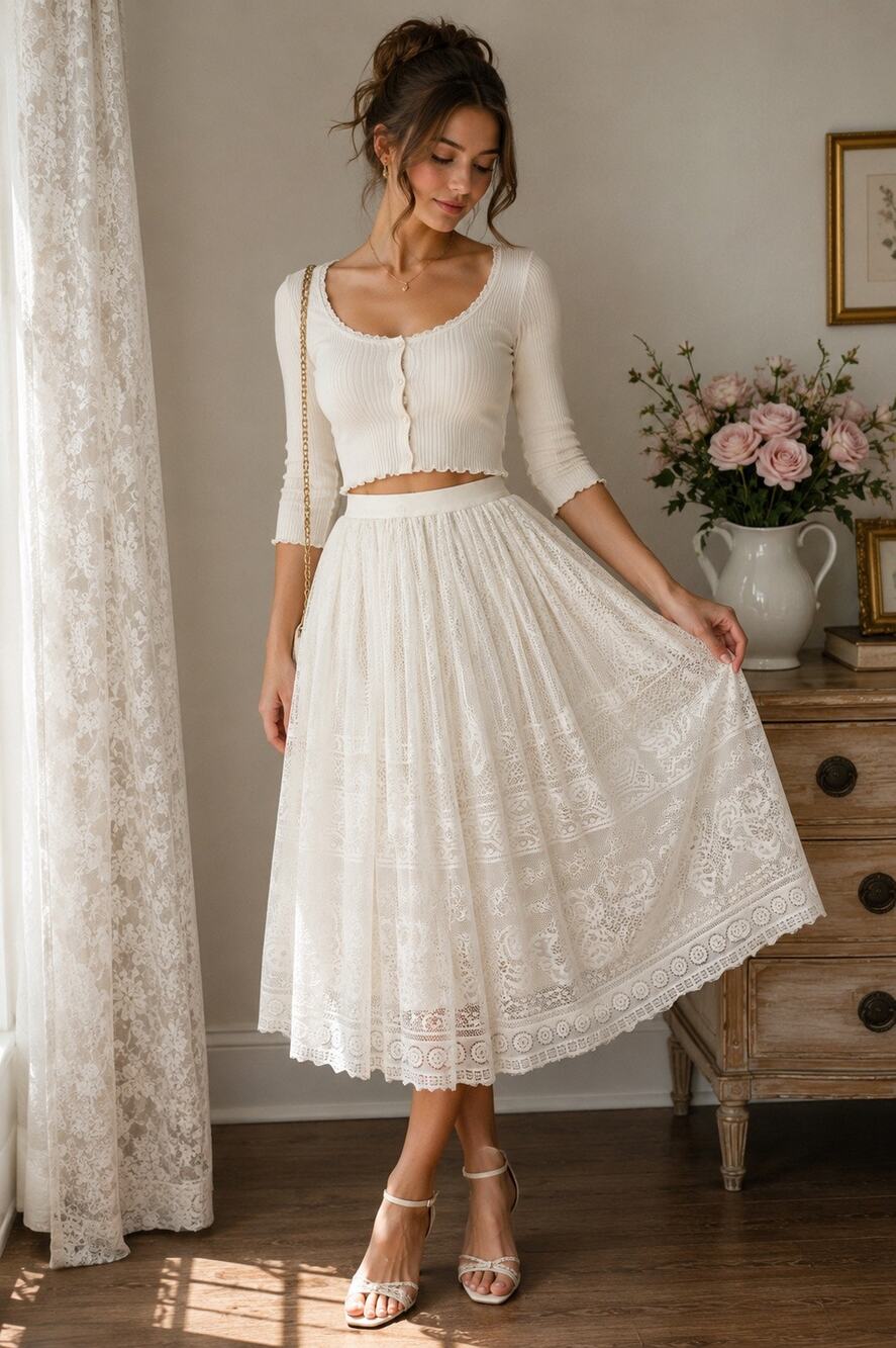Cream Lace Midi Skirt - Elegant Boho Women's Skirt